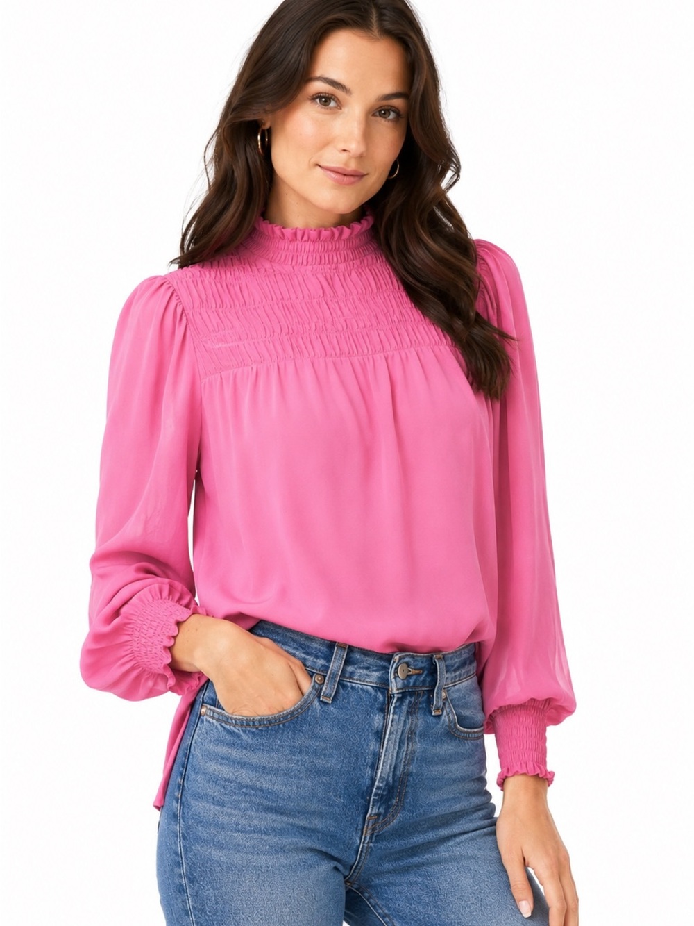 NWT 1.STATE Pink Smocked Mock Neck Long Sleeve Blouse Top Women's Size Small